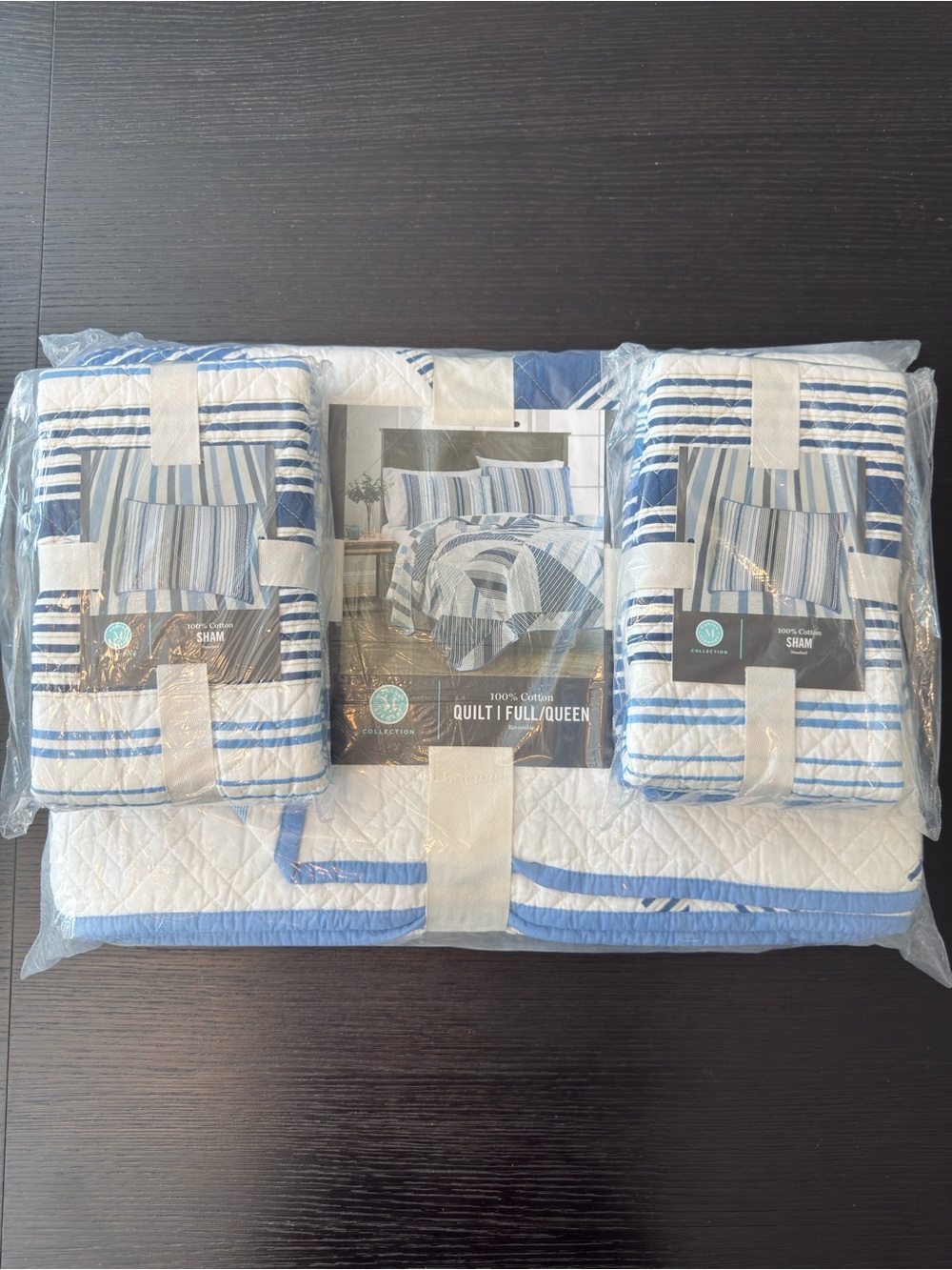 Martha Stewart Blue and White Striped Quilt Set - Full/Queen with Shams